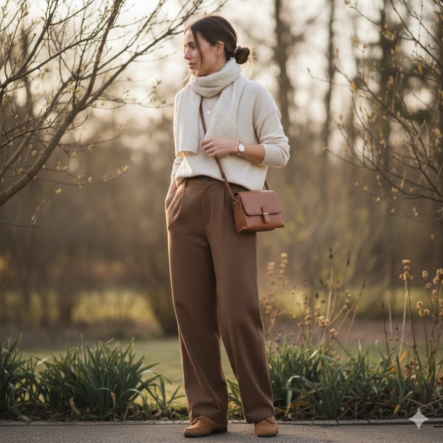 Quần nâu là lựa chọn thay thế quần đen, giúp trang phục Tết trông sang và mềm mại hơn.