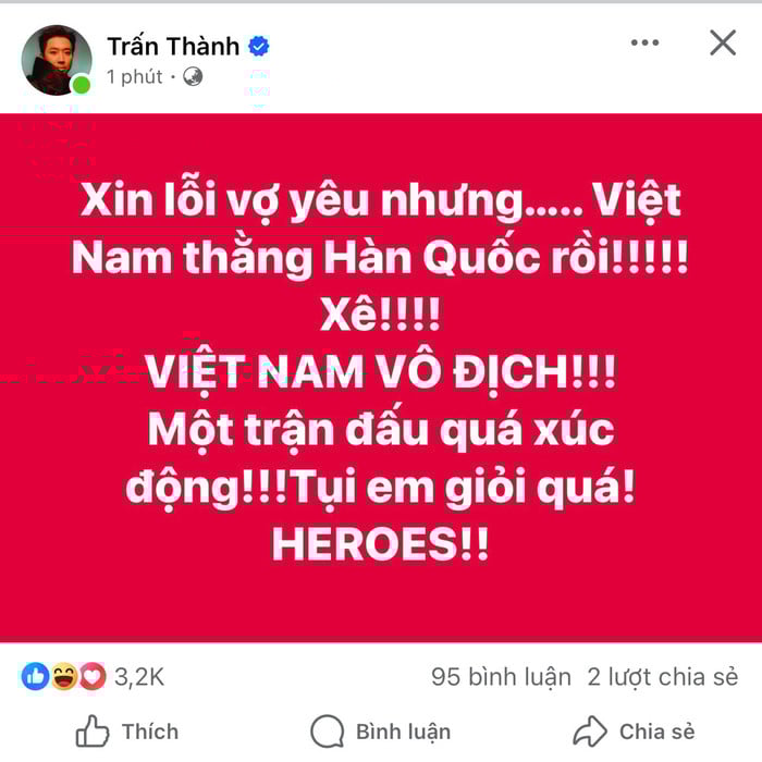 Trấn Thành phải xin lỗi Hari Won sau khi U23 Việt Nam giành chiến thắng  