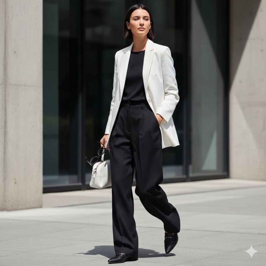 Công thức áo khoác trắng – quần đen giúp mặc đẹp nhanh gọn, phù hợp nhiều hoàn cảnh.