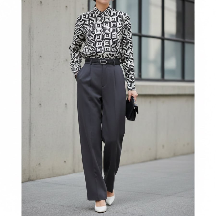 Phối áo họa tiết đen – trắng cùng item trơn giúp outfit nổi bật mà vẫn giữ sự thanh lịch.