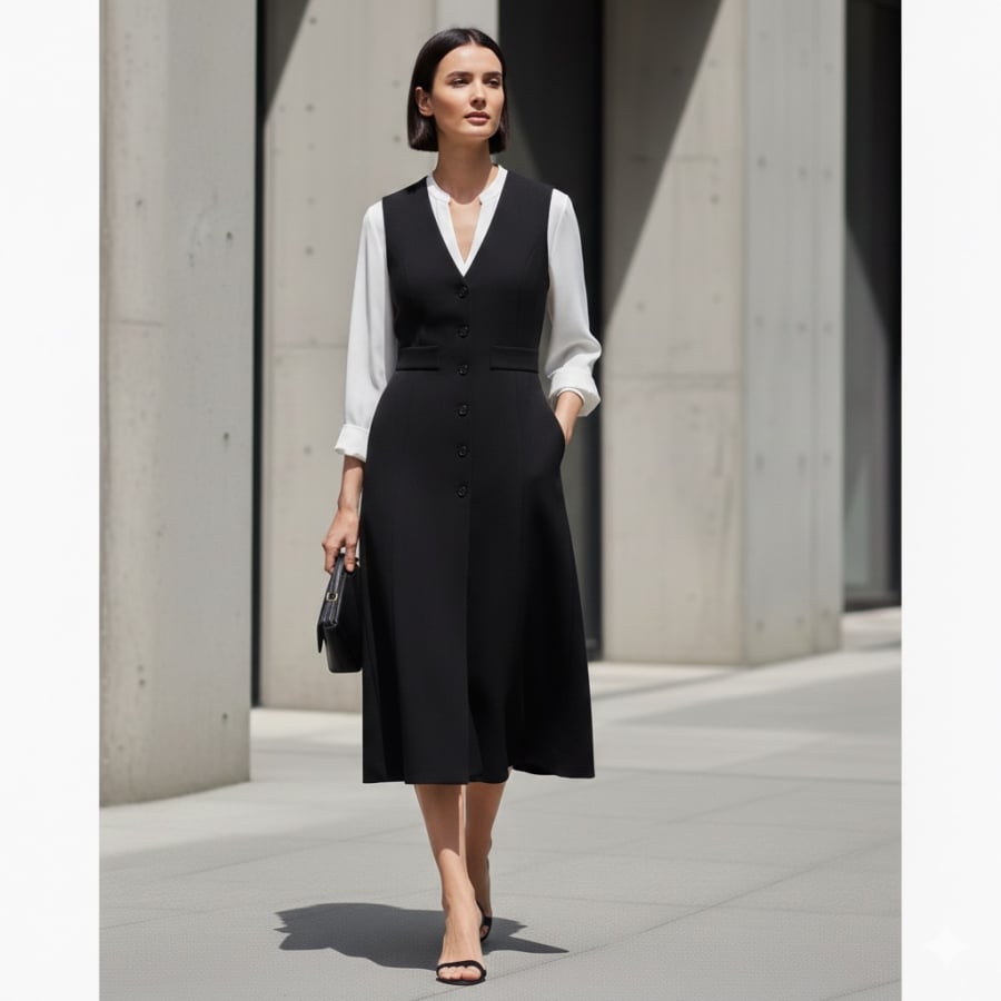 Váy gile đen – trắng là công thức phối đồ linh hoạt, dễ mặc đẹp suốt cả tuần.
