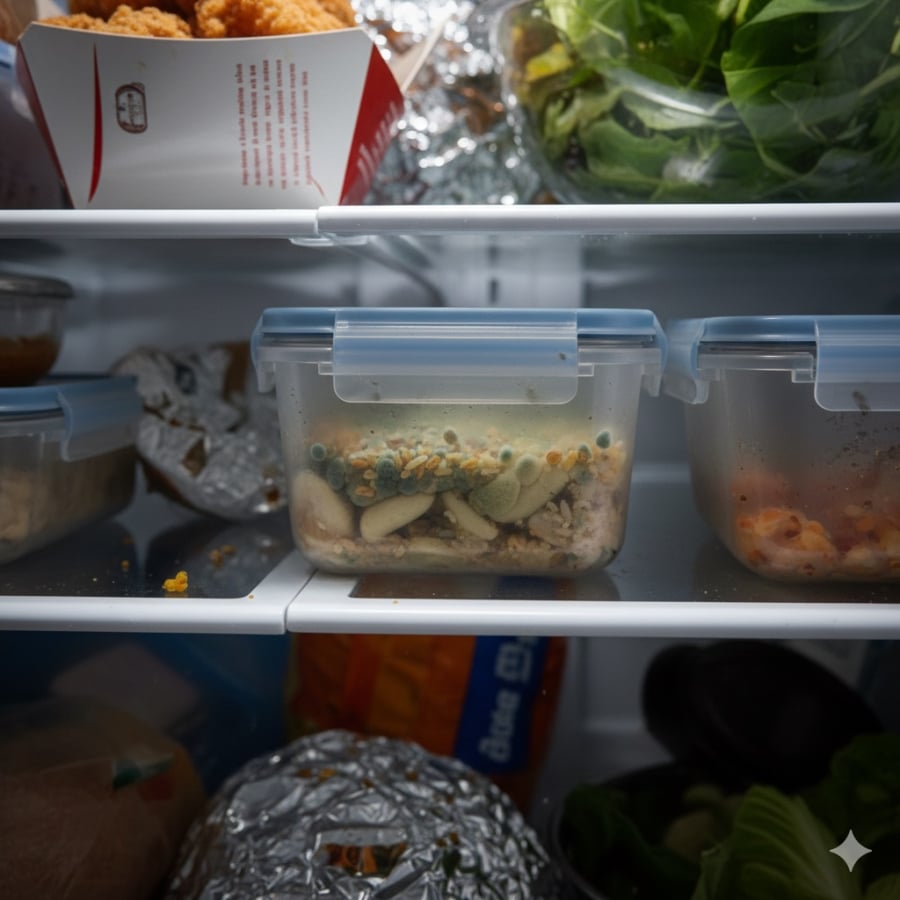 Thực phẩm để lâu trong tủ lạnh có thể biến chất, sinh độc tố mà mắt thường khó nhận ra.  