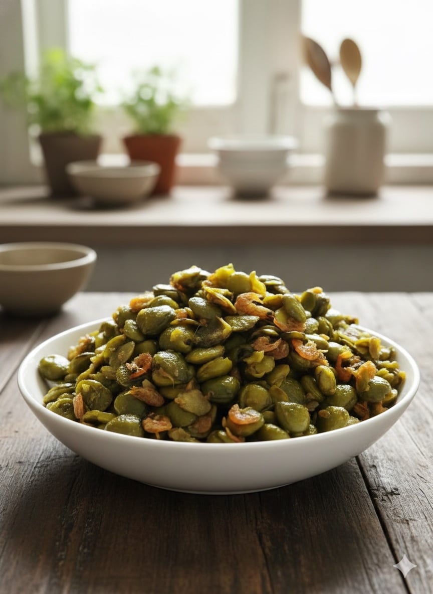 Món mắm xào tôm – đặc sản vùng biển Ngọc Vừng, hấp dẫn từ màu sắc đến hương vị.  