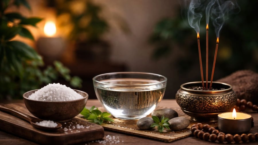 Muối, nước, hương là những vật dụng quen thuộc trong đời sống sinh hoạt và tâm linh