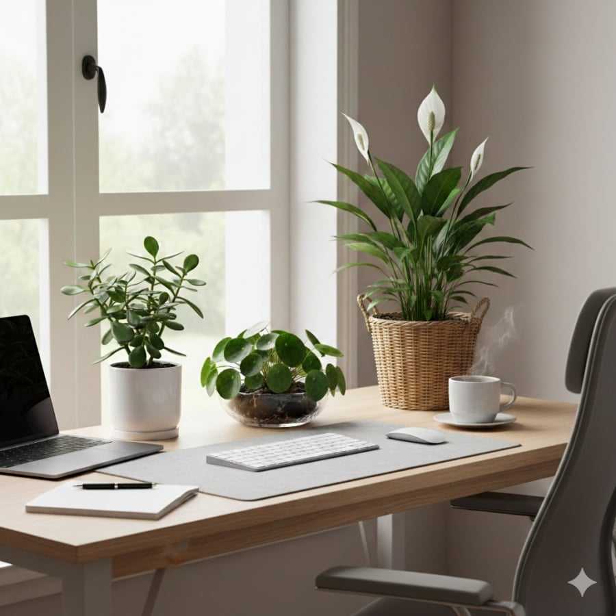 Cây xanh kích thước nhỏ phù hợp đặt ở góc làm việc, góp phần tạo sự cân bằng tinh thần và cảm giác ổn định trong cuộc sống.