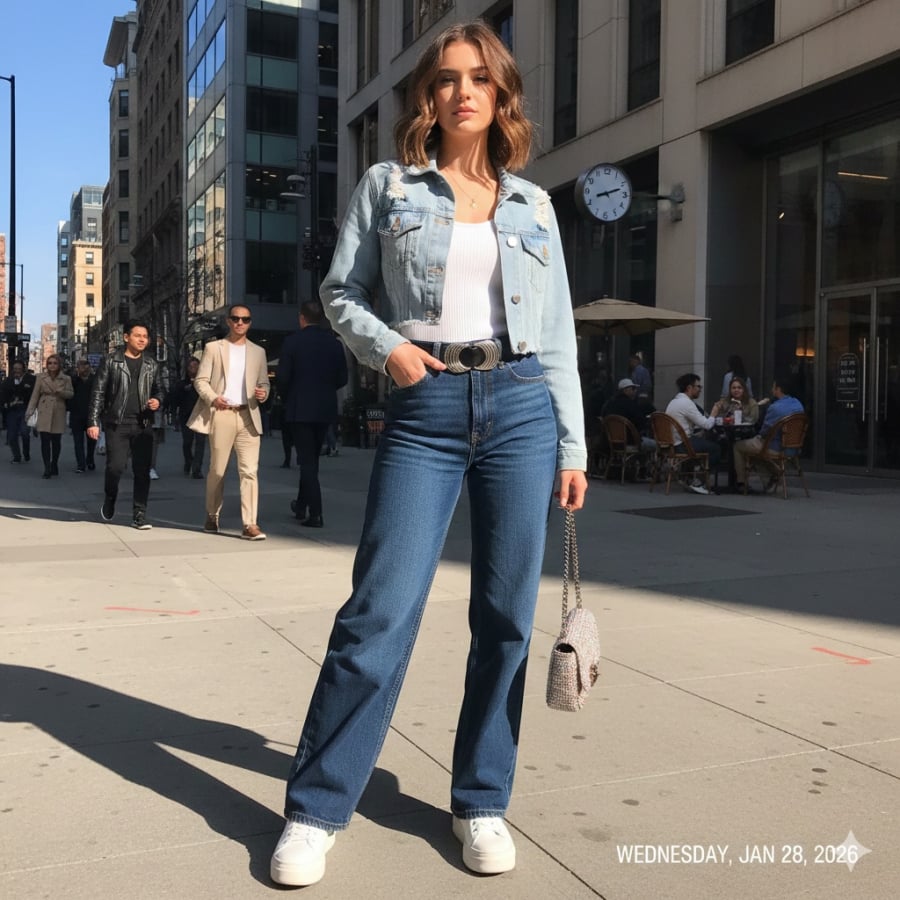 Áo khoác denim dáng crop dễ tạo cảm giác thiếu chỉn chu khi diện trong không khí Tết.