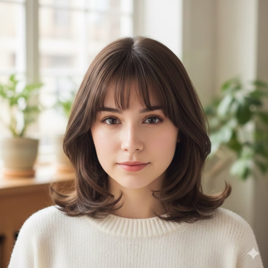 Tóc layer mái thưa đuôi cụp giúp gương mặt mềm mại, che khuyết điểm má và hàm hiệu quả.