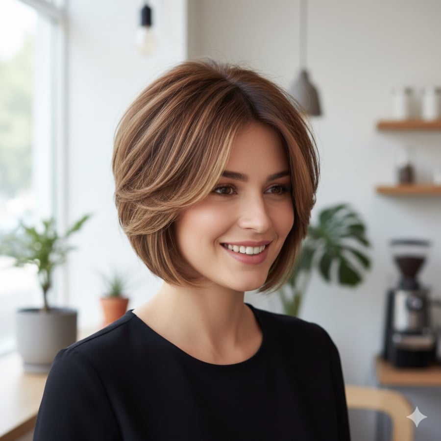 Tóc ngắn layer giúp gương mặt nhỏ nhắn hơn, phù hợp với phong cách năng động.