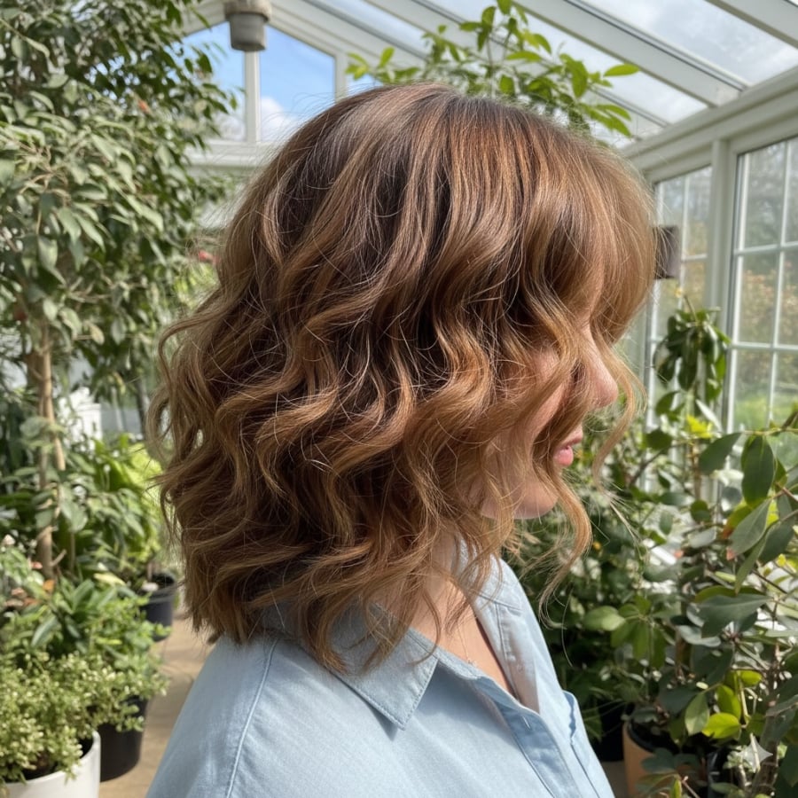 Tóc xoăn xù layer giúp tóc trông dày hơn và “hack” gương mặt thon gọn hiệu quả.