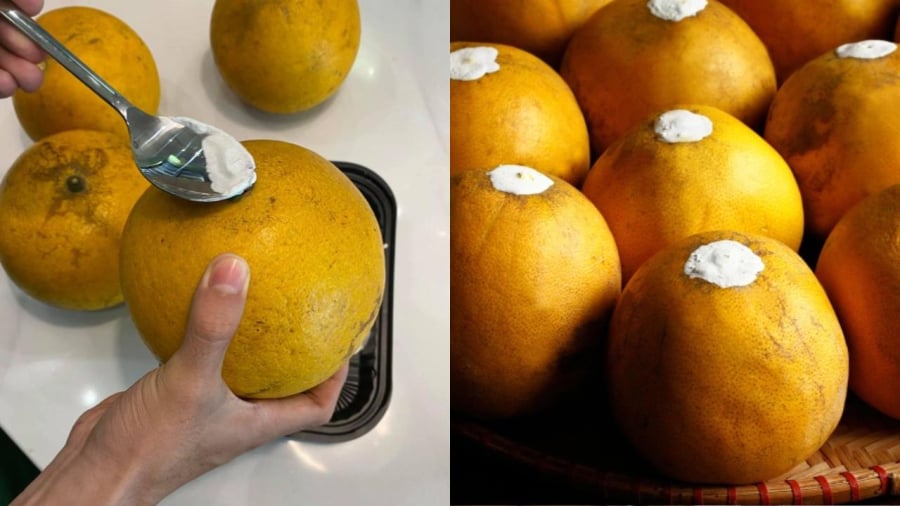 Bôi vôi quanh cuống là cách ngăn chặn vi khuẩn phát triển, giúp bưởi tươi lâu hơn.