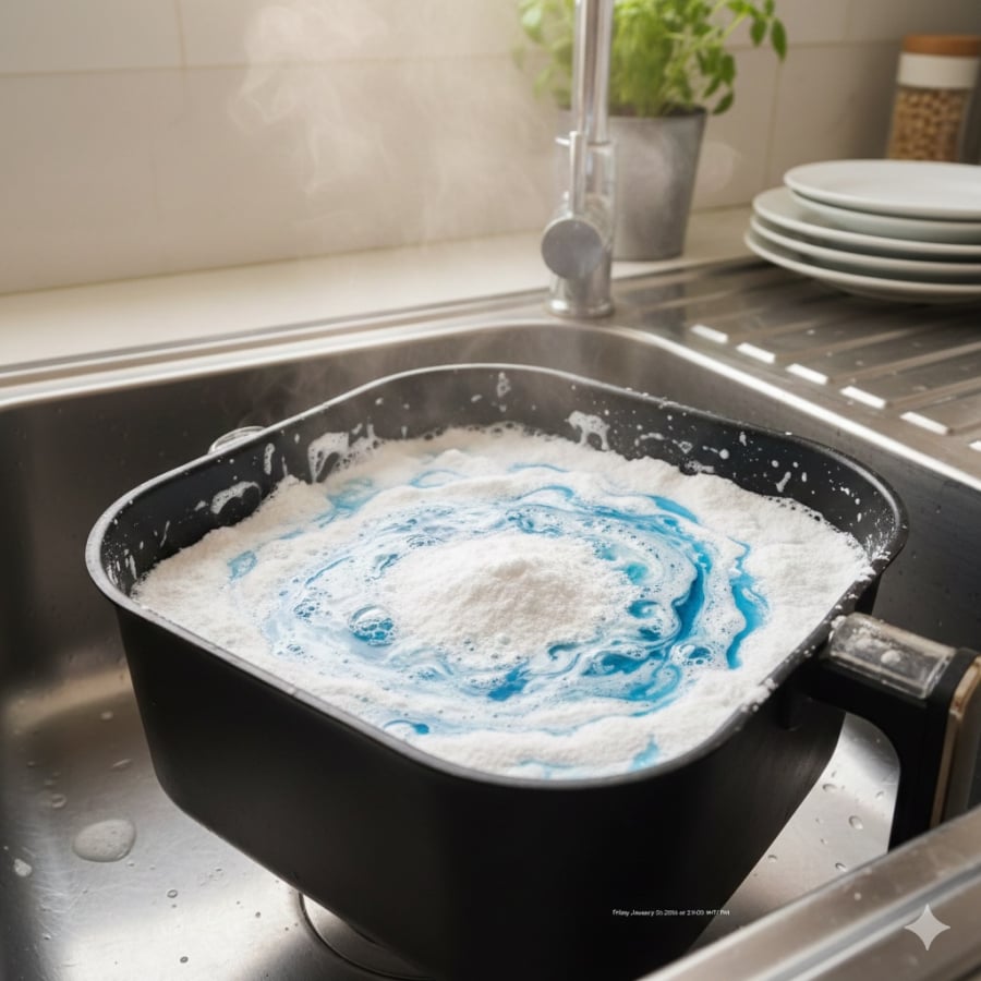 Chỉ với baking soda và nước rửa chén, dầu mỡ bám lâu ngày trong nồi chiên không dầu có thể bong ra mà không cần chà rửa.