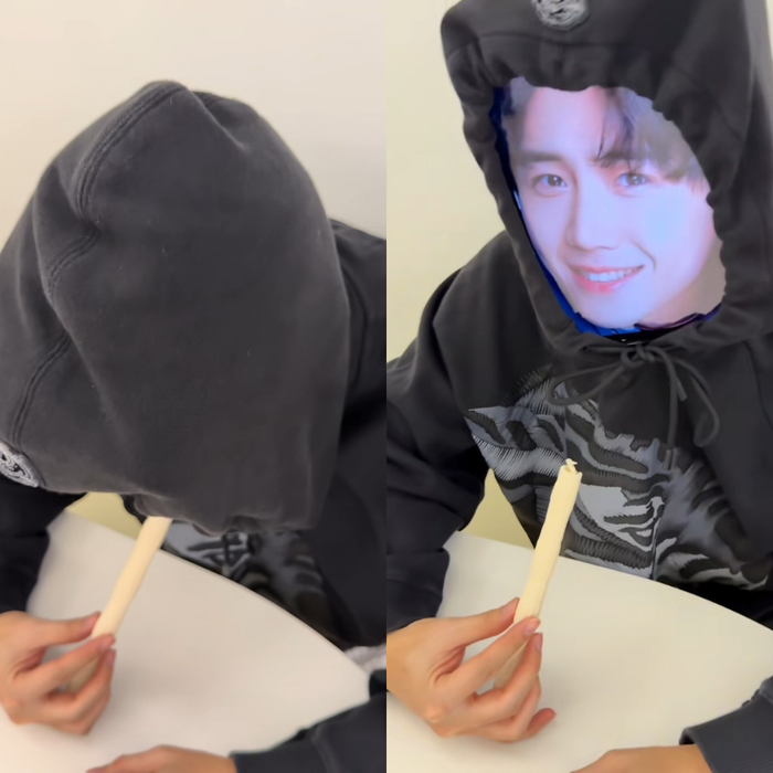 Điều khiến dân mạng không nhịn được cười là việc người này còn đeo mặt nạ in hình diễn viên Kim Seon Ho. 