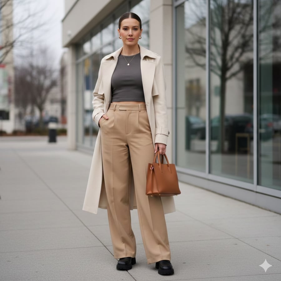 Quần ống rộng kết hợp áo lửng giúp phần thân trên gọn gàng, tạo hiệu ứng kéo dài đôi chân rõ rệt.