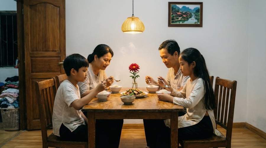 Nhà cửa ngăn nắp và bầu không khí tích cực giúp gia đình duy trì năng lượng sống lành mạnh, dù không dư dả vật chất.