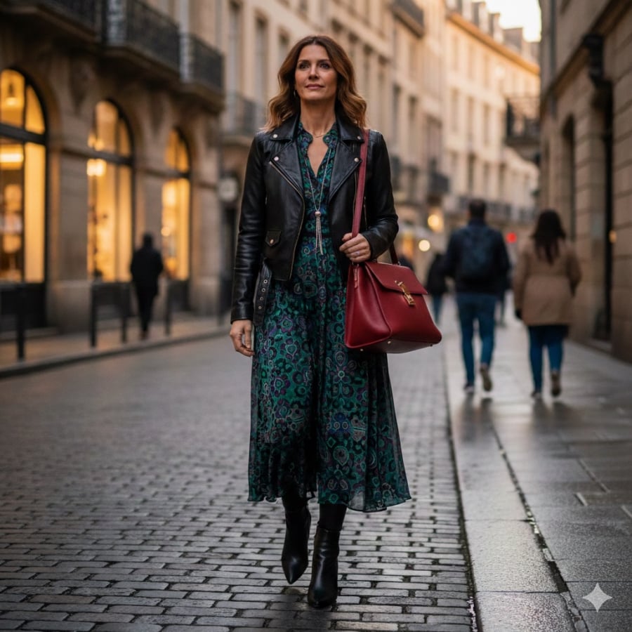 Áo khoác da dáng tối giản giúp phụ nữ ngoài 40 trông cá tính, hiện đại mà không bị “dừ”.