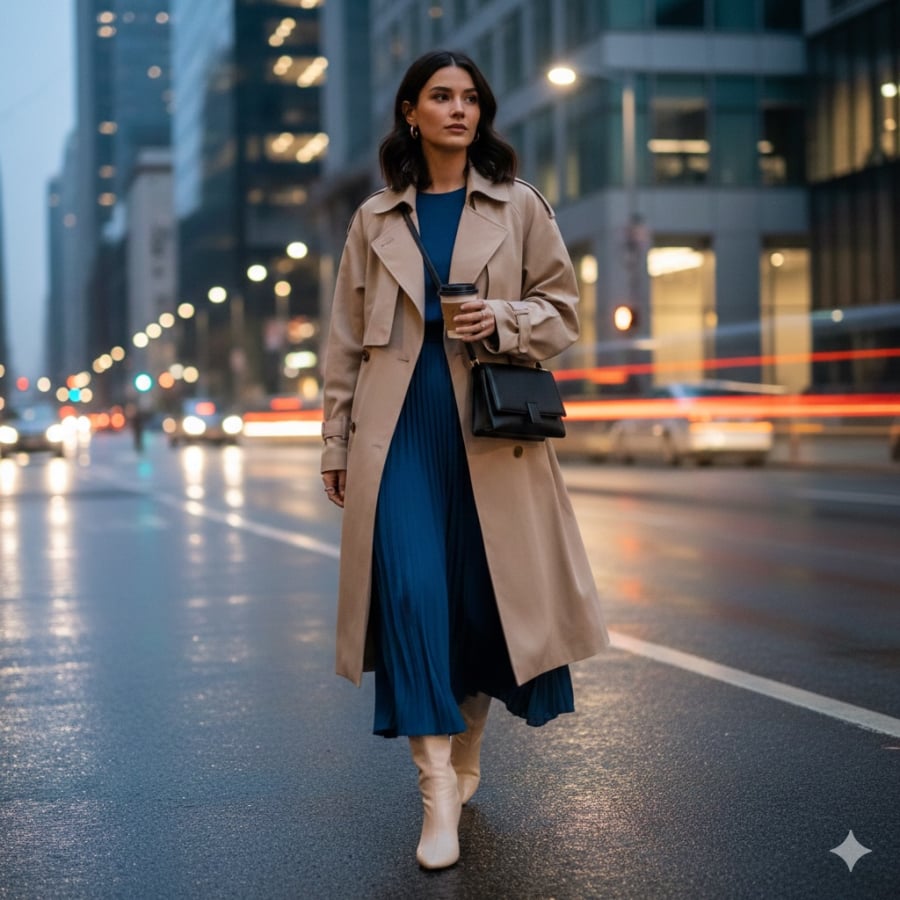 Trench coat thanh lịch, vượt thời gian, là mẫu áo khoác hack tuổi bền vững cho phụ nữ trung niên.