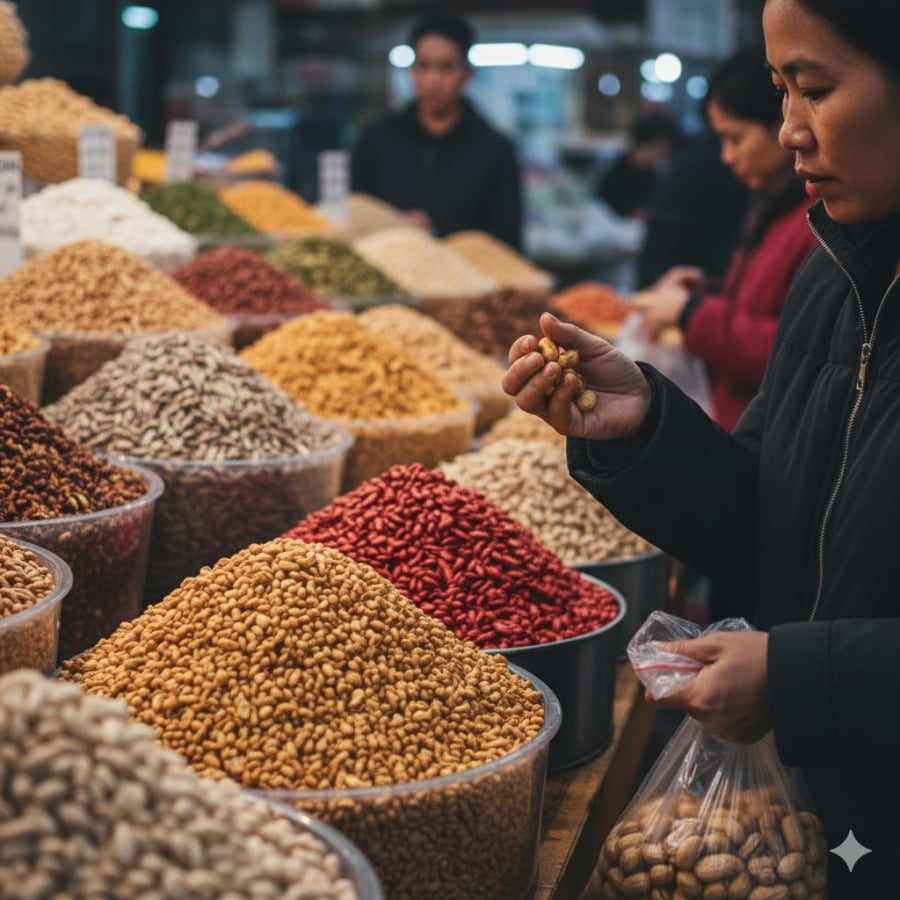 Quan sát màu, ngửi mùi và thử vị là những bước quan trọng giúp chọn hạt khô ngon, an toàn khi mua sắm dịp Tết.