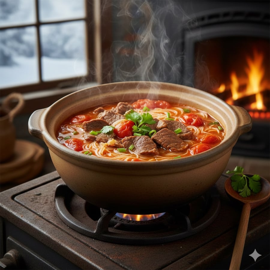 Nồi bún gạo cà chua nấu thịt ức bò thơm nóng, nước dùng trong, vị ngọt tự nhiên – món ăn sáng quen thuộc cho ngày đông lạnh.