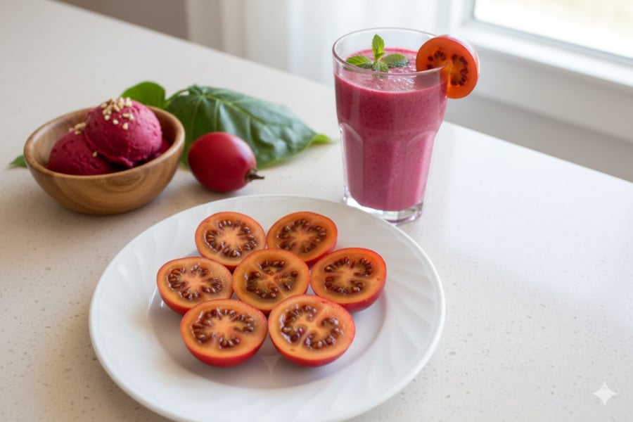 Cà chua thân gỗ có thể ăn tươi hoặc chế biến thành nhiều món, hương vị ngọt nhẹ, dễ dùng.