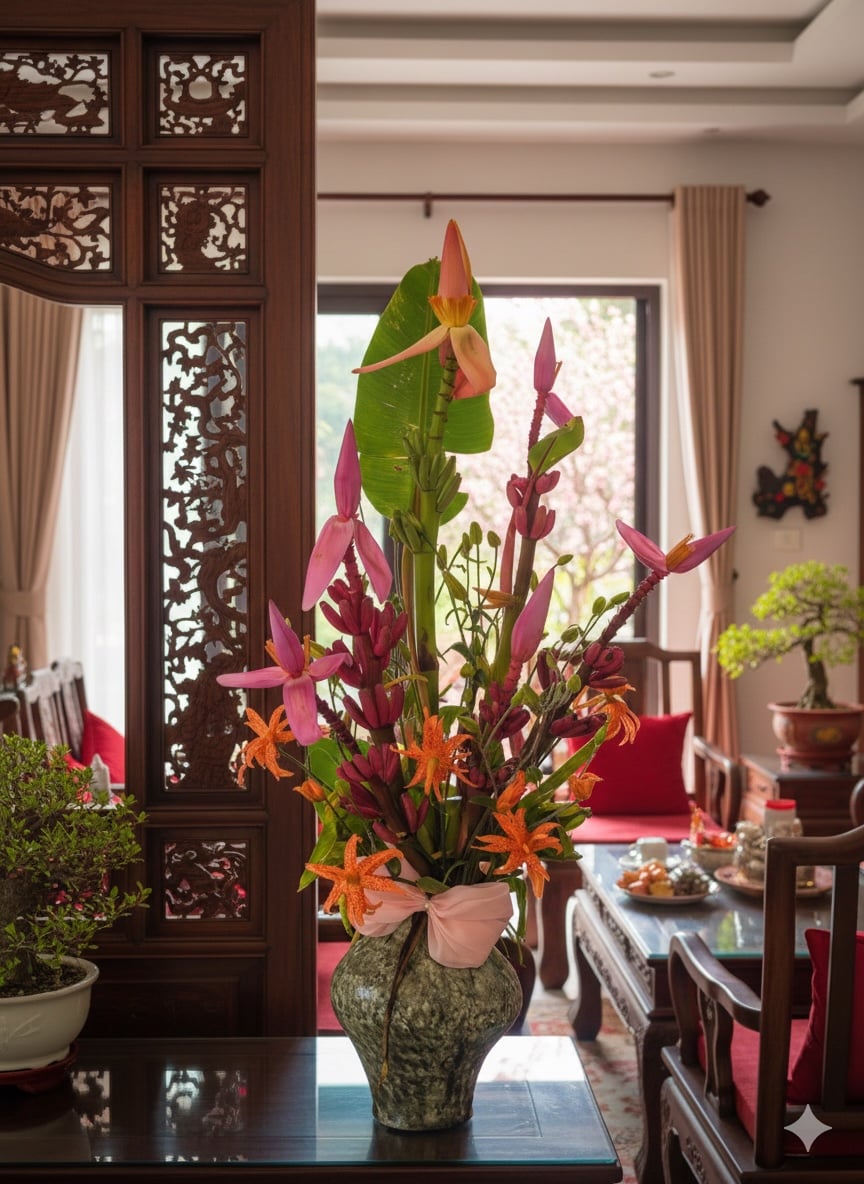 Hoa chuối búp sen hồng cắm bình lớn, tạo điểm nhấn sang trọng và giúp không gian ngày Tết bừng sáng.