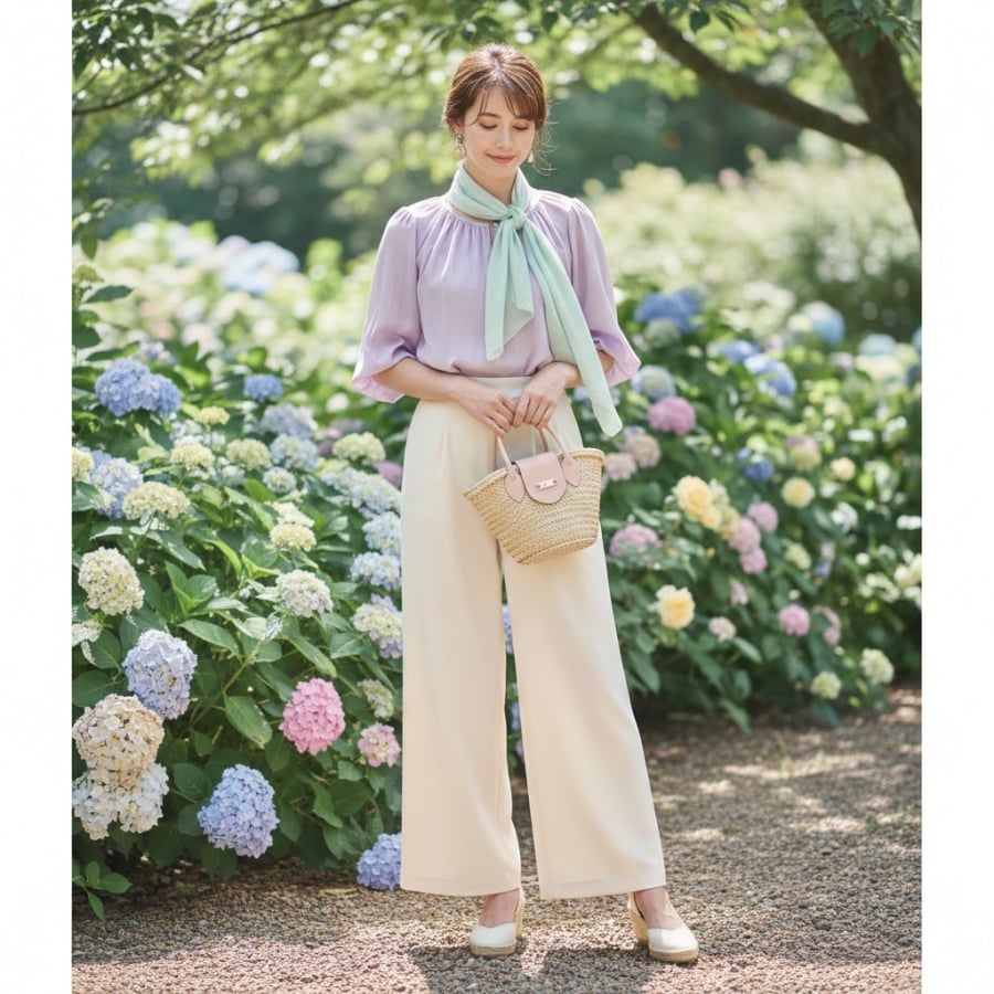 Kết hợp quần sáng màu với áo pastel mang lại hiệu ứng “hack tuổi” rõ rệt cho chị em.