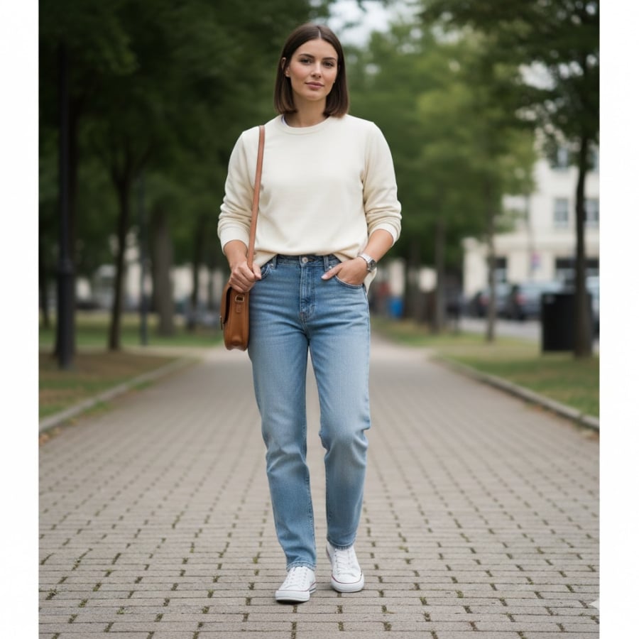 Quần sáng màu phối áo trung tính là công thức an toàn, giúp style trẻ trung mà không lo khó mặc.