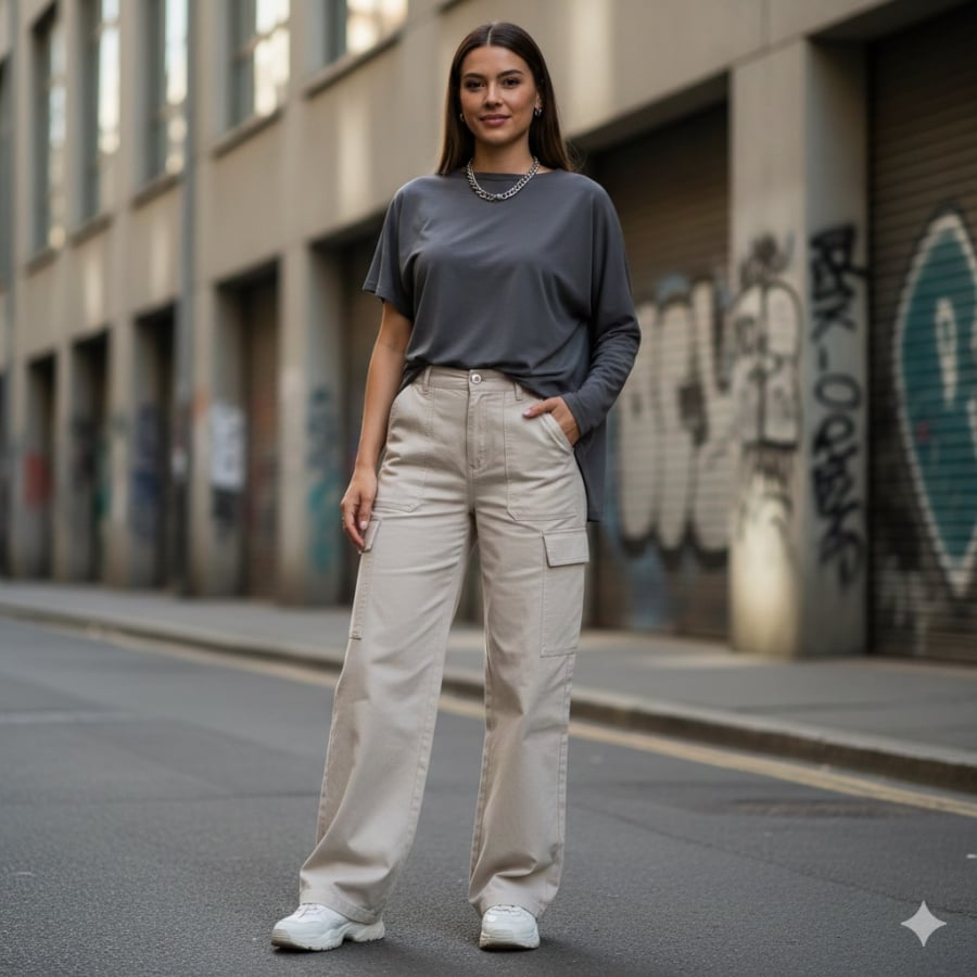 Áo xám giúp quần sáng màu trông trẻ trung theo cách hiện đại, không hề đơn điệu.