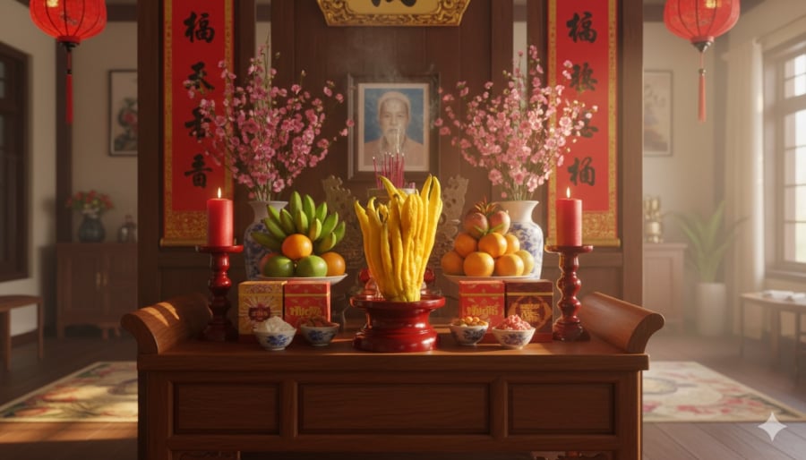 Bày Phật thủ trên bàn thờ thể hiện mong cầu bình an, tài lộc và sự đủ đầy cho năm mới.  