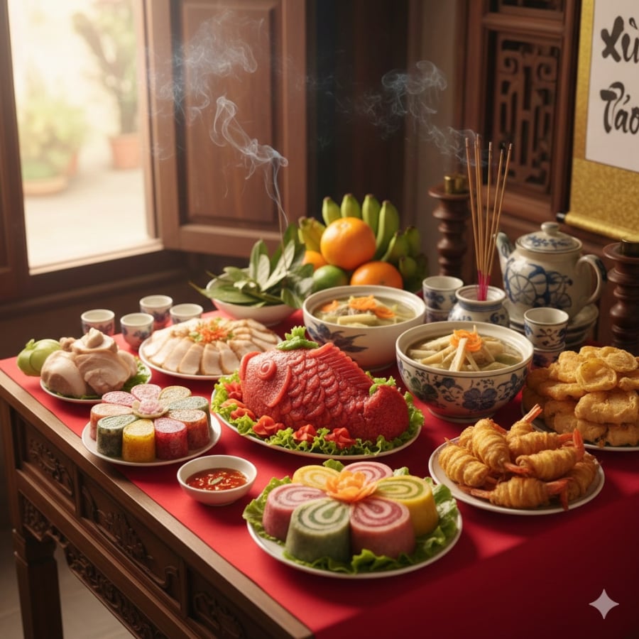 Mâm cỗ cúng ông Công ông Táo hài hòa truyền thống và điểm nhấn món mới, gọn gàng mà vẫn đủ đầy.