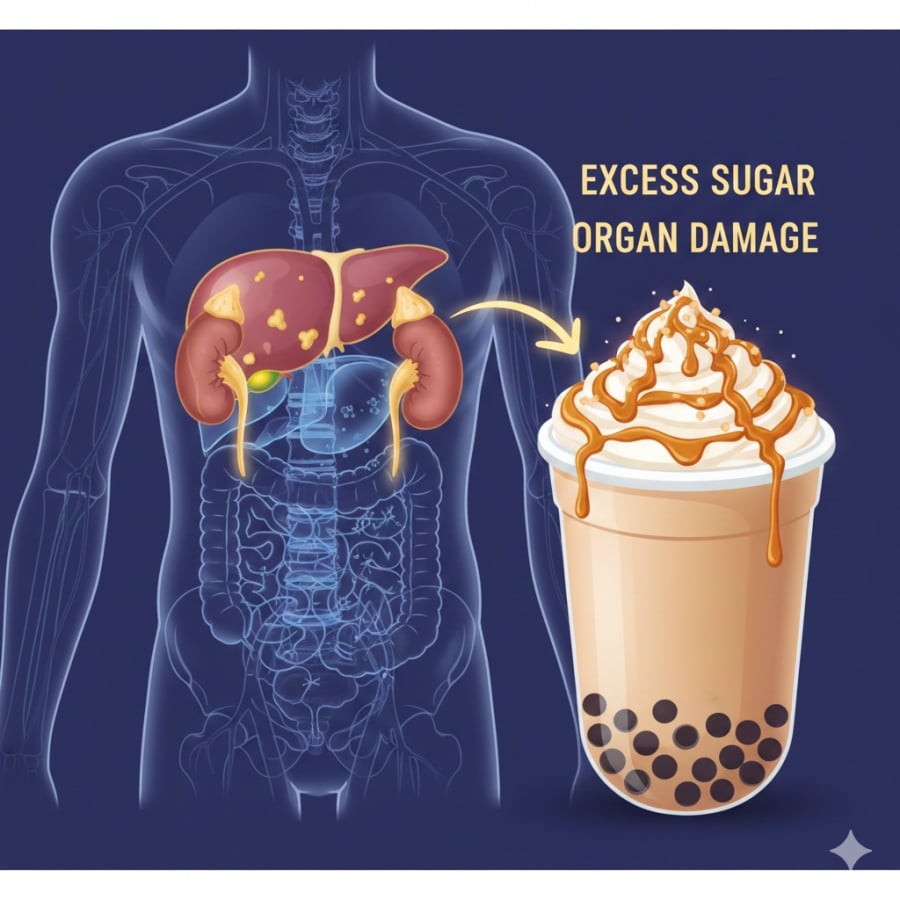 Lượng đường cao, kem béo và phụ gia trong trà sữa khiến gan, thận phải làm việc liên tục để chuyển hóa và đào thải.