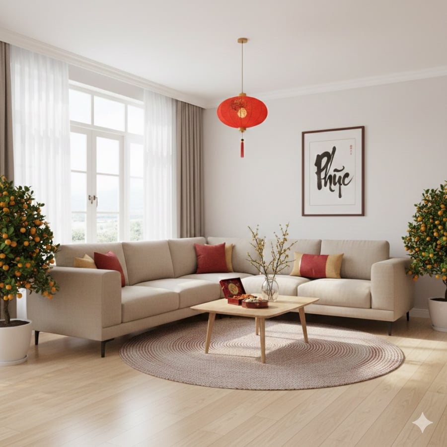Phòng khách thông thoáng, bố cục đơn giản giúp không gian sinh hoạt ngày Tết dễ chịu và nhẹ nhàng hơn.