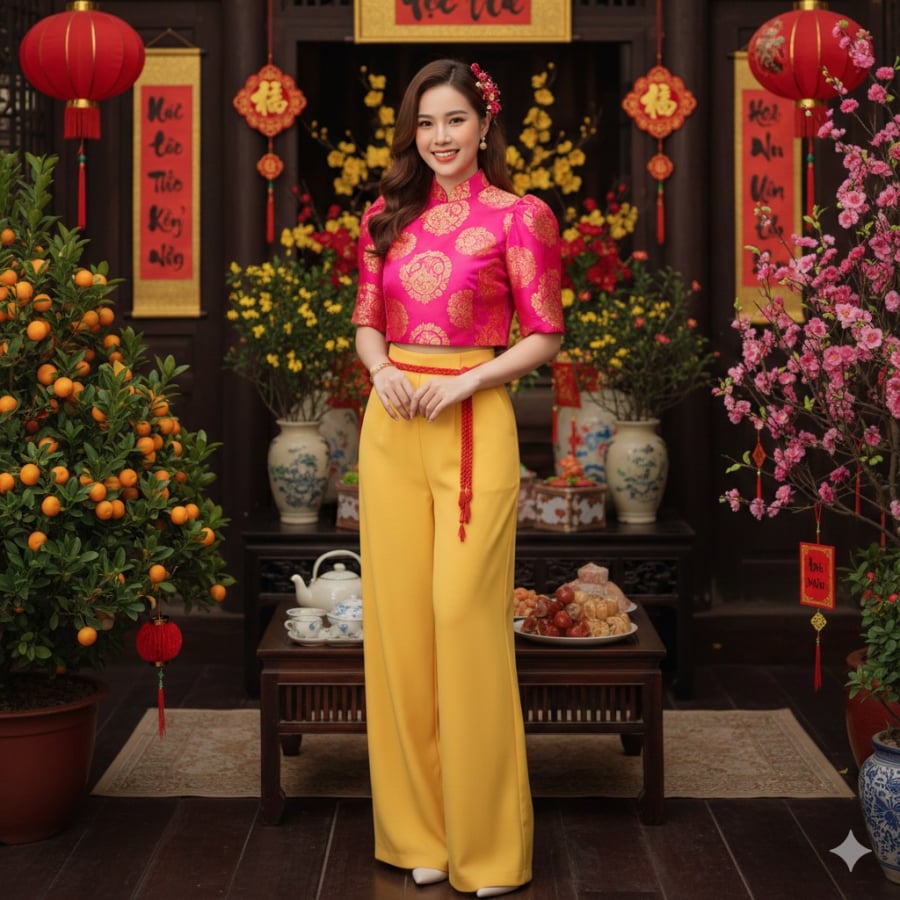 Áo dáng ngắn giúp tổng thể gọn gàng, hack chiều cao hiệu quả khi diện Tết.