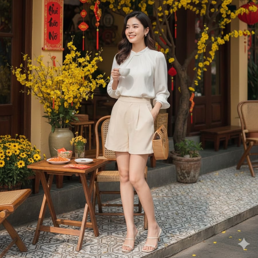 Quần short vải giúp outfit Tết vừa thoải mái, vừa giữ được nét chỉn chu cần thiết.