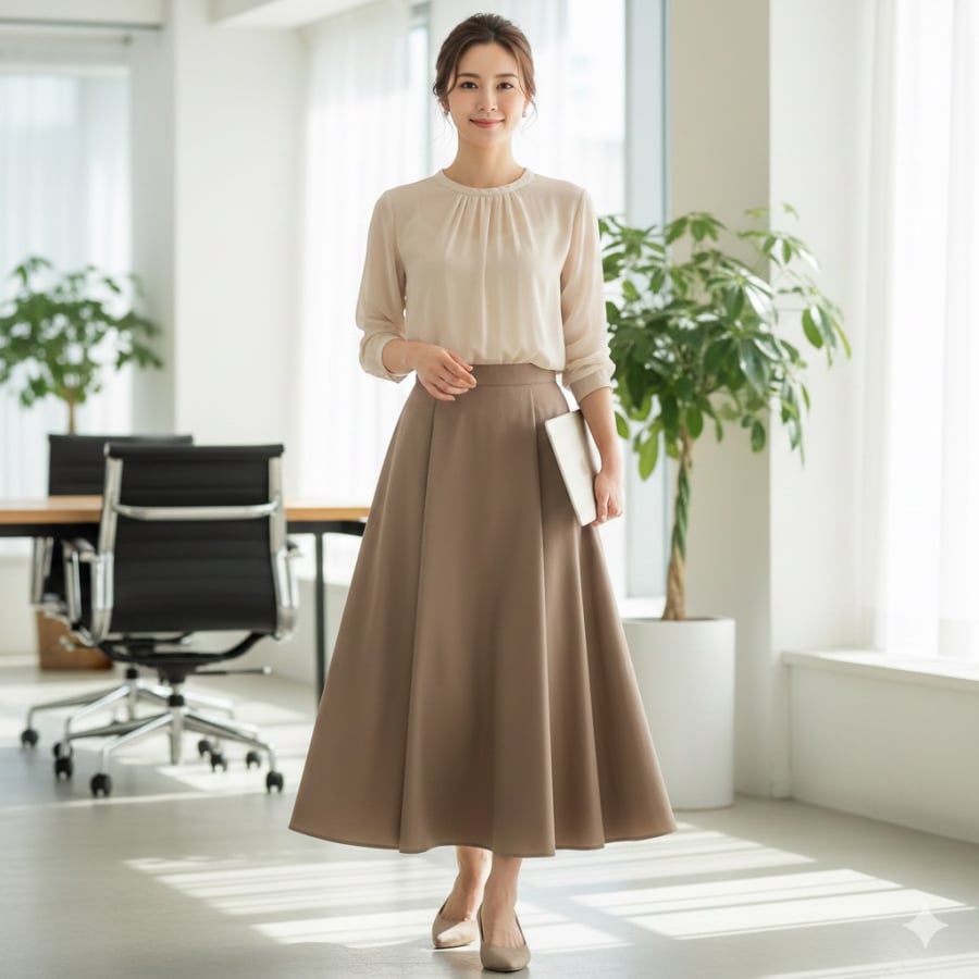 Áo mỏng nhẹ kết hợp chân váy dài giúp trang phục công sở tối giản trở nên mềm mại, nữ tính mà vẫn chuyên nghiệp.