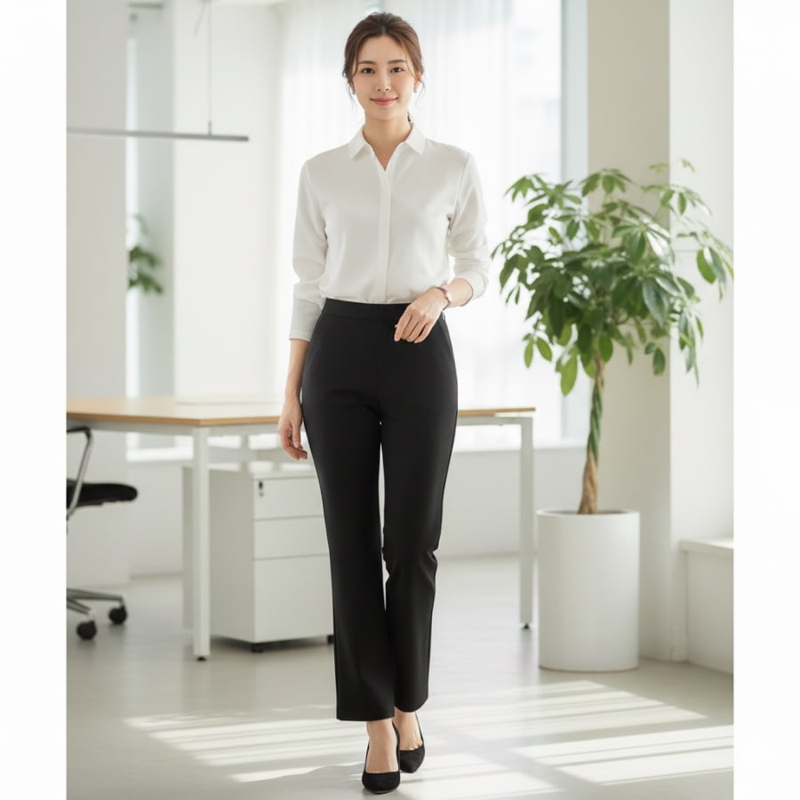 Quần ống vẩy giúp set đồ công sở quen thuộc trở nên thanh thoát và có điểm nhấn hơn.