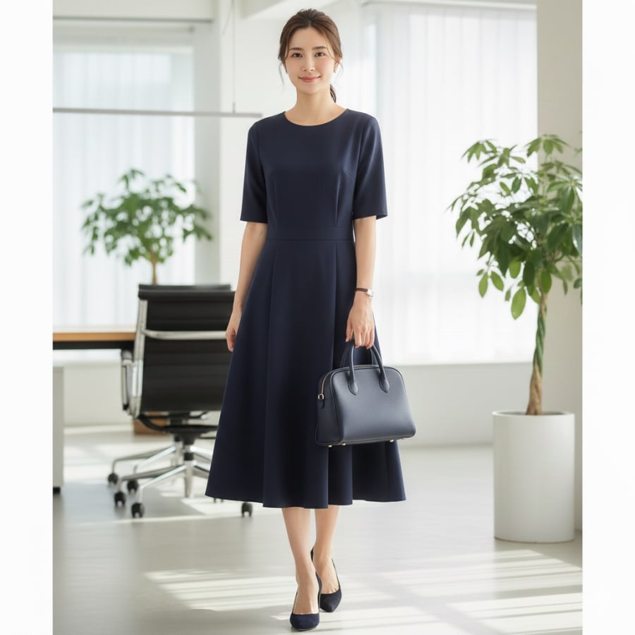 Váy liền nhấn eo là lựa chọn nhanh gọn cho buổi sáng bận rộn nhưng vẫn đảm bảo sự chỉn chu nơi công sở.