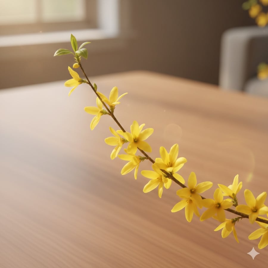 Hoa Nghênh Xuân (Liên Kiều) nở dọc thân, tượng trưng cho tài lộc và khởi đầu hanh thông năm mới.