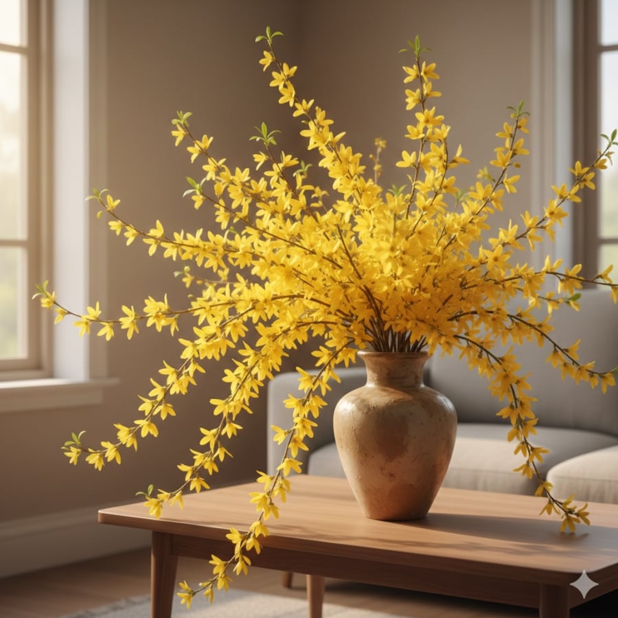 Bình hoa Nghênh Xuân sắc vàng rực rỡ, tạo điểm nhấn sang trọng cho không gian ngày Tết.