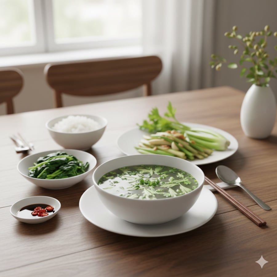 Bữa ăn nhiều rau xanh giúp cơ thể thanh lọc tự nhiên, hỗ trợ chức năng gan sau Tết.