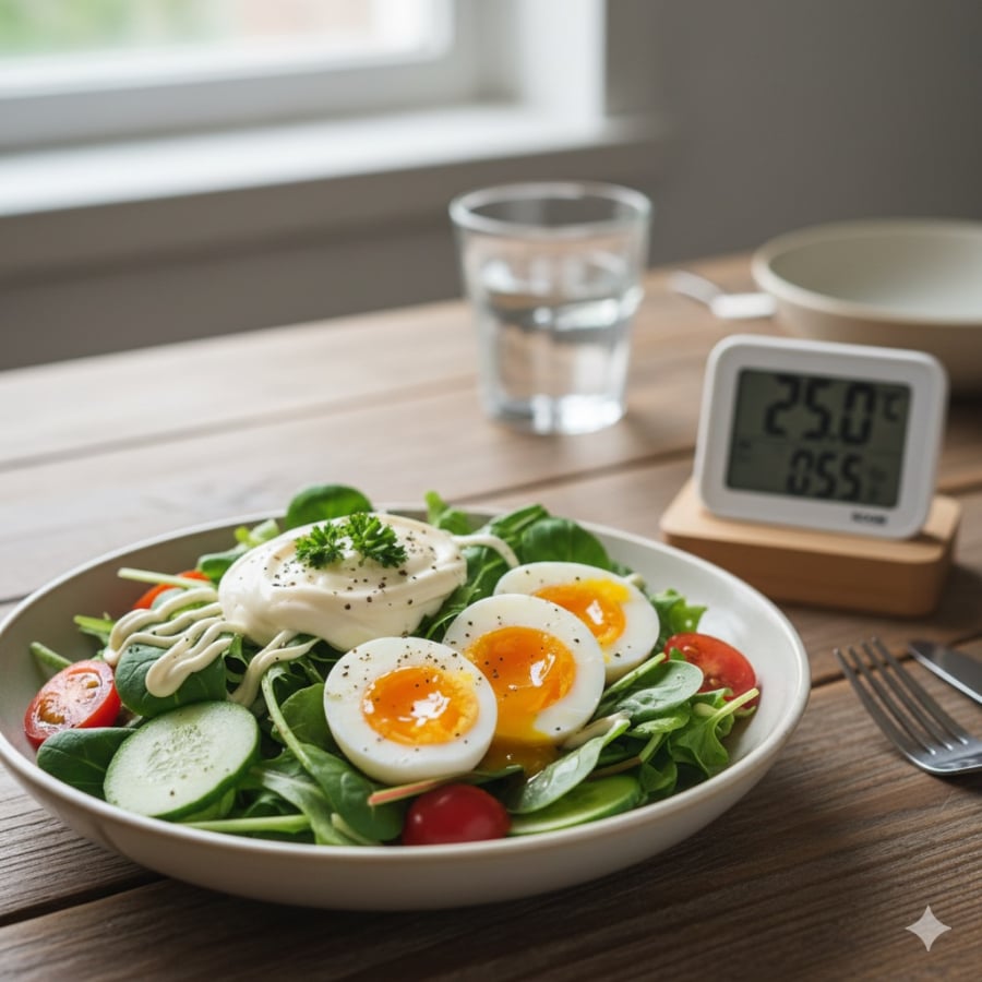 Salad, trứng lòng đào và món nguội là nhóm thực phẩm dễ nhiễm khuẩn nếu để lâu hoặc hâm lại nhiều lần.