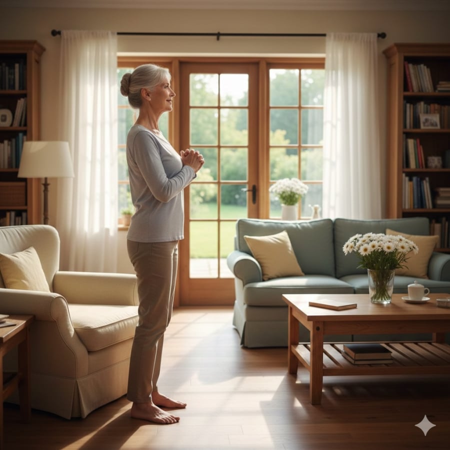 Đứng lên – ngồi xuống từ ghế là động tác đơn giản nhưng phản ánh rõ sức mạnh đôi chân và mức độ tự chủ sau tuổi 60.