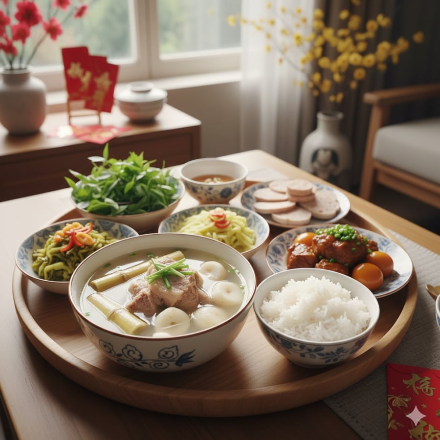 Sườn hầm mía và củ năng – món canh ngọt tự nhiên, dễ ăn, cân bằng vị giác trong dịp Tết Nguyên đán.