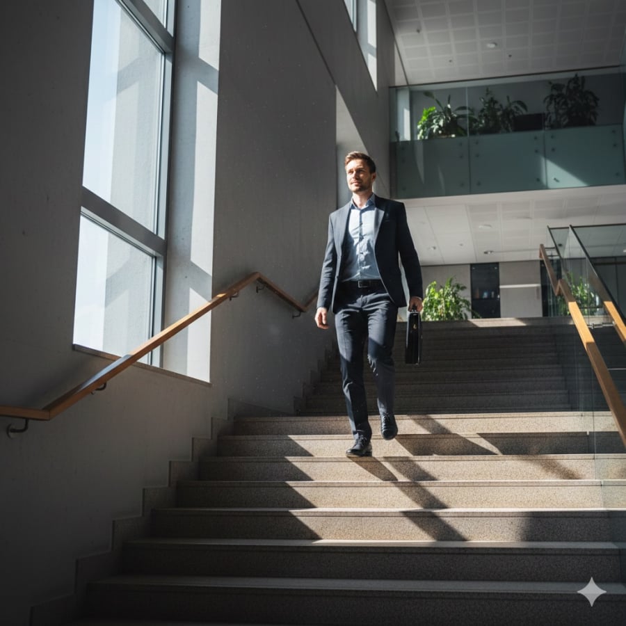 Leo cầu thang 5–10 phút mỗi ngày giúp kích hoạt tim mạch và tăng sức bền.