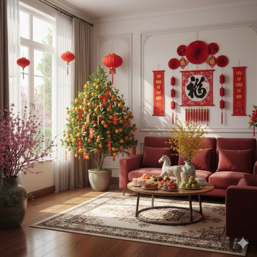 Đặt cây cảnh lệch tâm, gần ánh sáng giúp không gian hanh thông và giữ sinh khí ngày Tết.