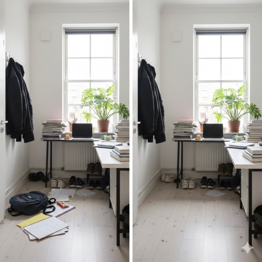 Lối vào và góc học tập ngăn nắp giúp trẻ hình thành thói quen kỷ luật và tăng khả năng tập trung.