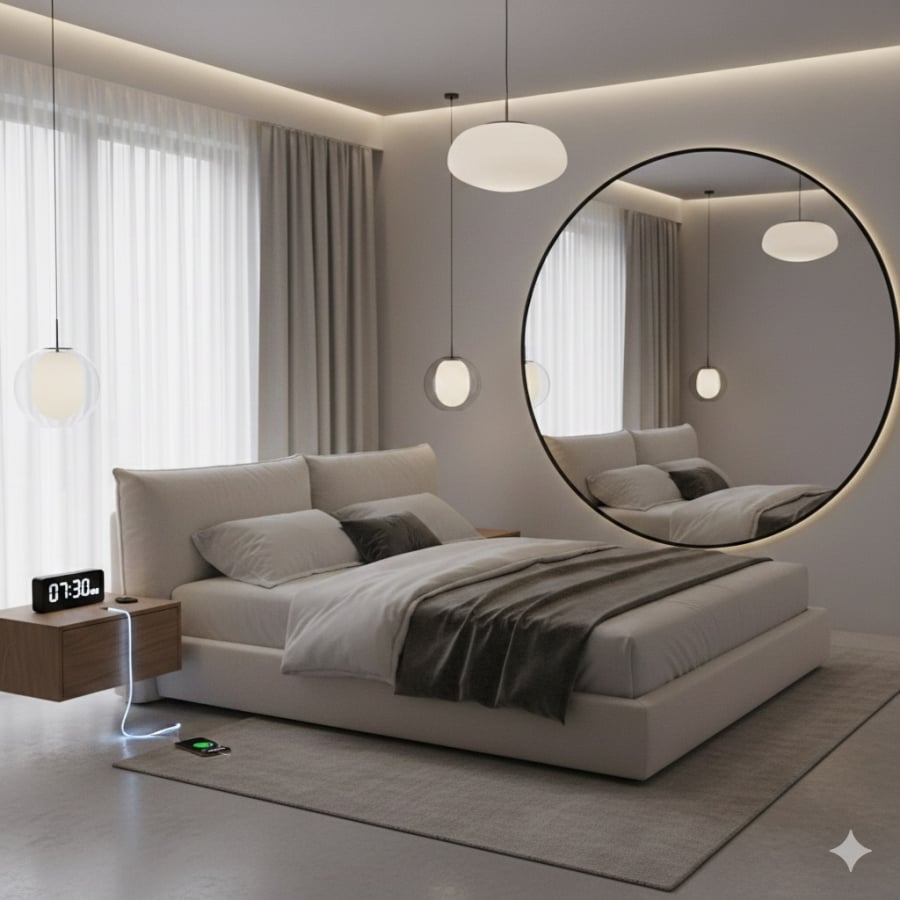 Đặt gương lớn và thiết bị điện tử sát giường ngủ có thể ảnh hưởng đến chất lượng nghỉ ngơi nếu không bố trí hợp lý.