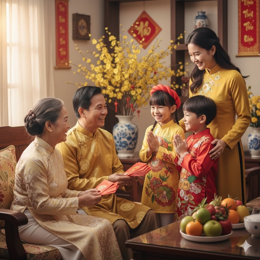 Chúc Tết và lì xì sáng mùng 1 không chỉ mang ý nghĩa may mắn mà còn giúp gắn kết tình cảm gia đình, tạo không khí tích cực cho cả năm.