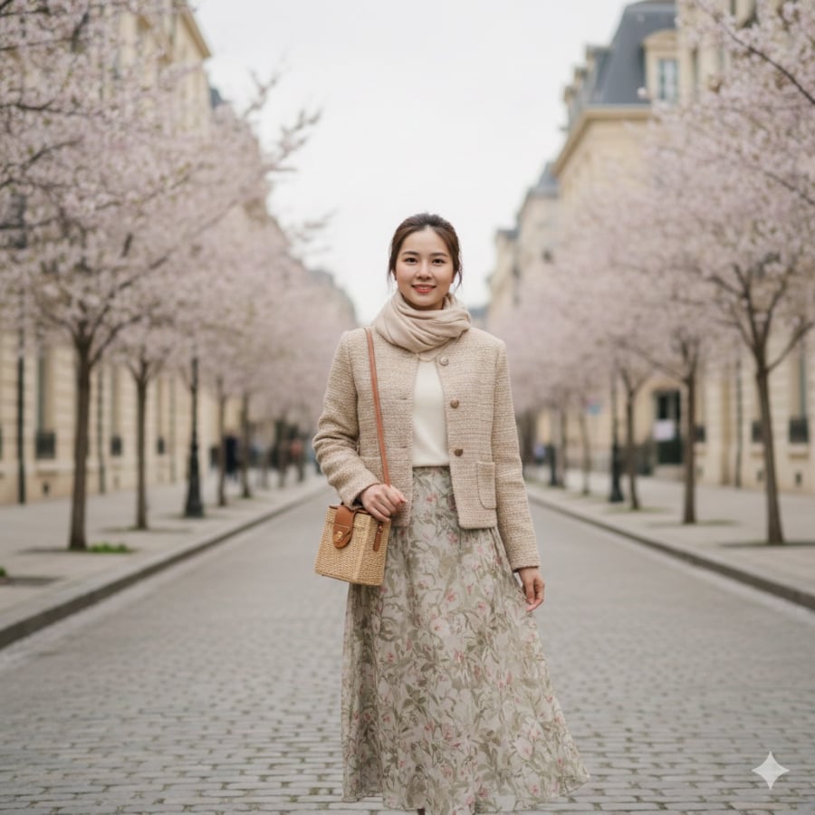 Áo khoác cổ tròn phối chân váy – giữ ấm mà vẫn đảm bảo vẻ ngoài chỉn chu ngày Tết.