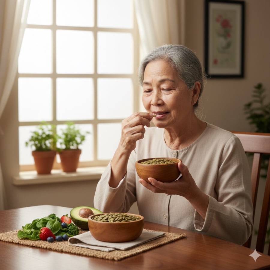 Thời điểm và cách ăn hạt bí đỏ ảnh hưởng trực tiếp đến khả năng tiêu hóa và hấp thu dinh dưỡng ở người lớn tuổi.