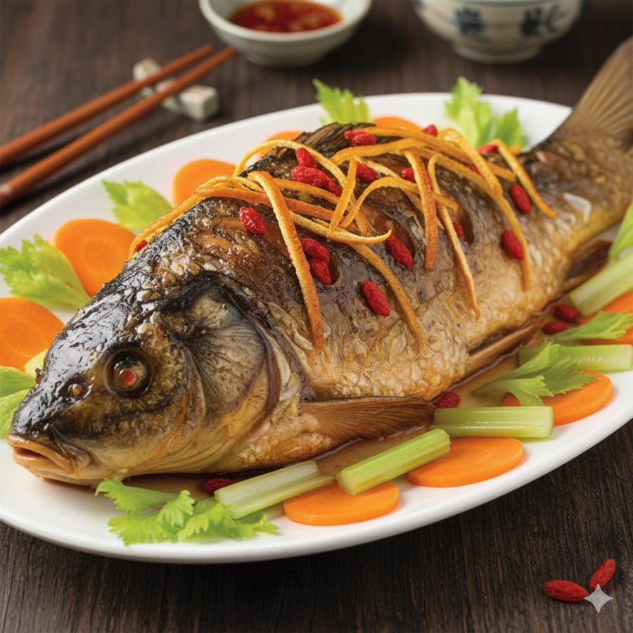 Cá chép nướng trần bì, kỷ tử – món giàu dinh dưỡng, kích thích vị giác ngày đầu năm.